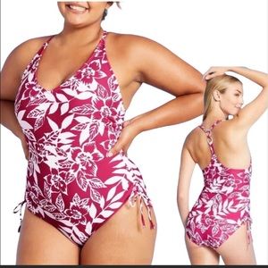 NWT Kona Sol Women's Floral One Piece Swimsuit - Red and White
